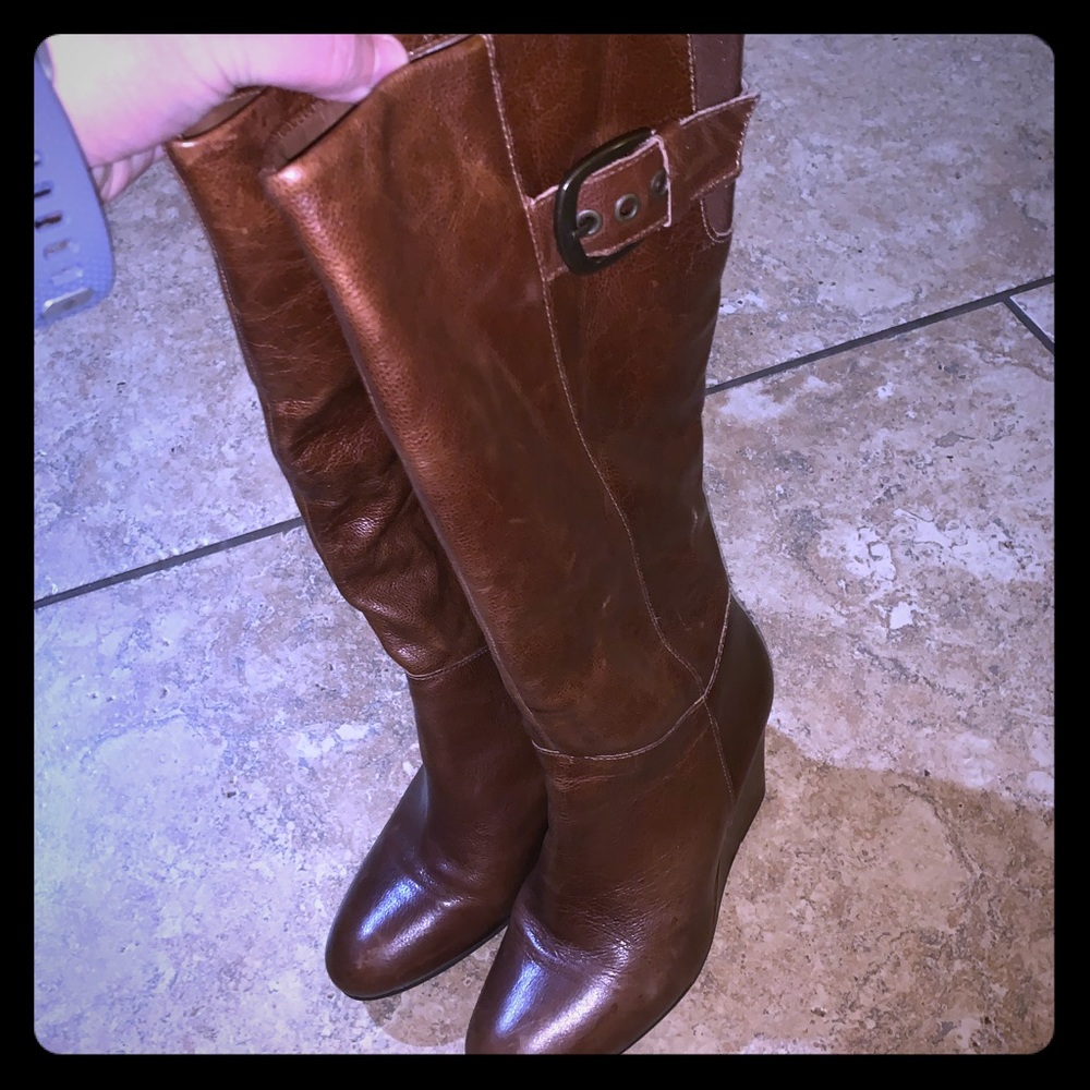 Brown leather wedge boots